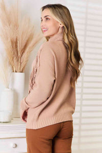 Thumbnail for Woven Right Turtleneck Fringe Front Long Sleeve Sweater - T - 1 COLOR -