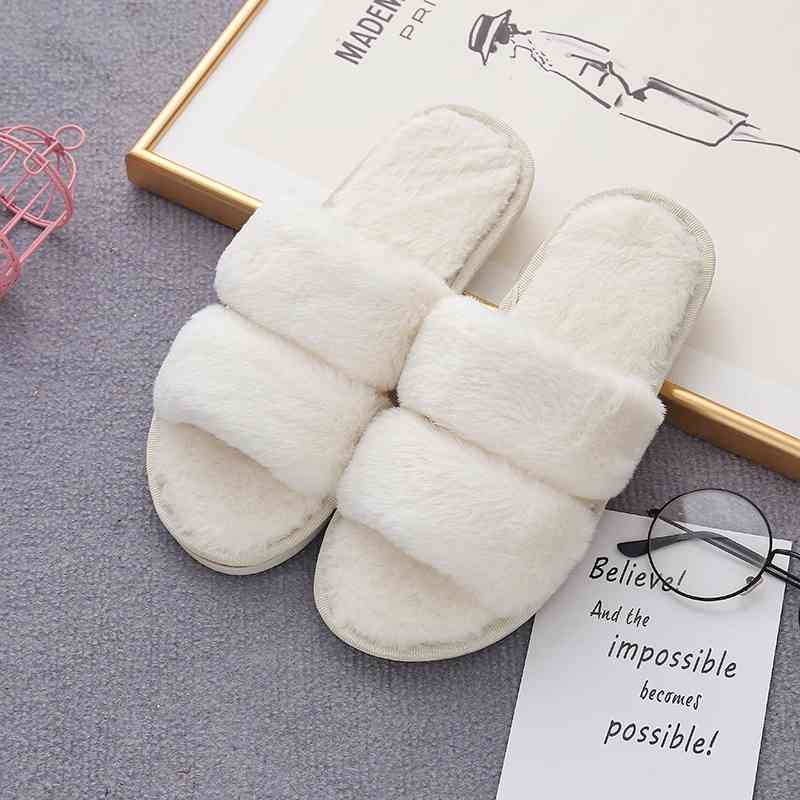 Faux Fur Double Strap Slippers - T - 5 COLORS -