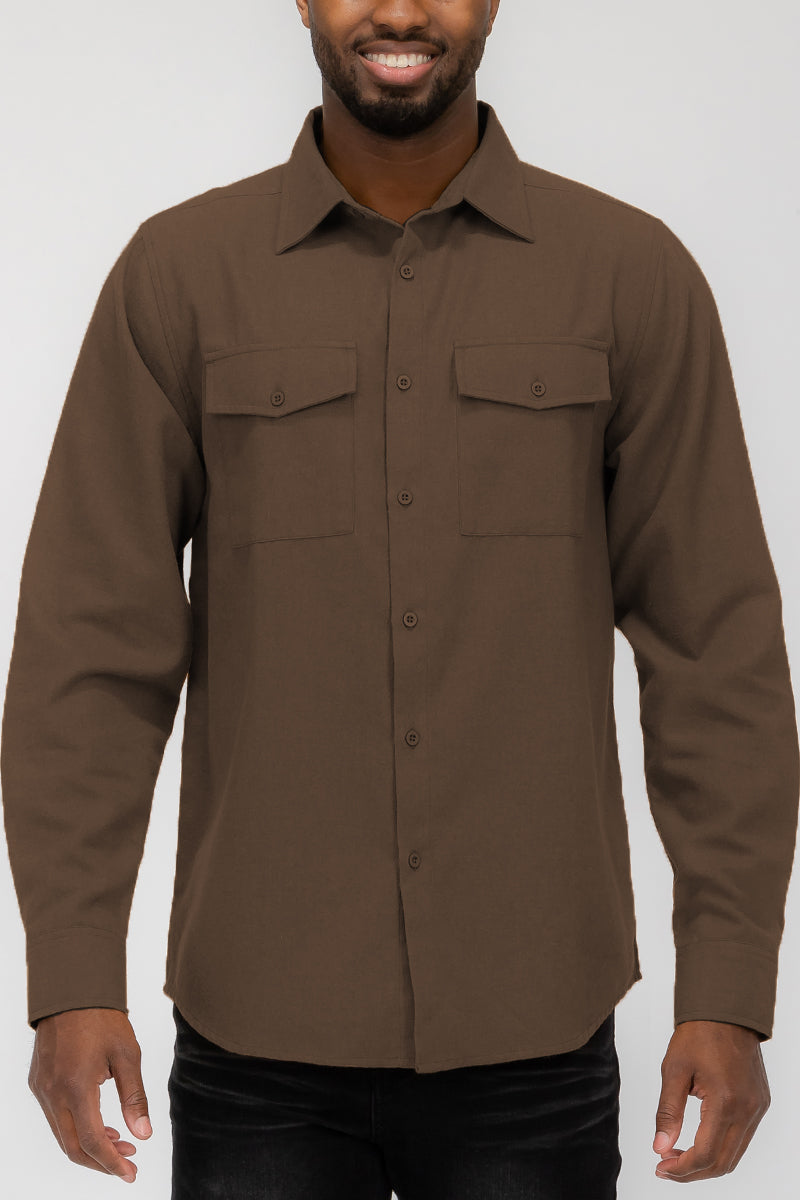 WEIV - Brushed Solid Dual Pocket Flannel Shirt - 8 COLORS -