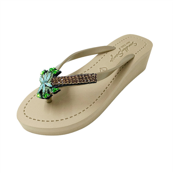 SAND BY SAYA N.Y. - Palm Tree - Rhinestone Mid Wedge Flip Flops - 2 COLORS -