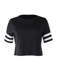 Thumbnail for Women's Short Sleeve Crewneck Baseball Varsity Stripe Crop Top Tee - 1 COLOR -