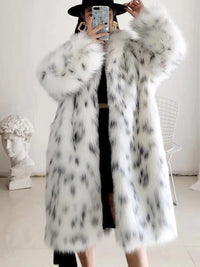 Thumbnail for Sharon Tatem - Faux Fox Fur Coat - Casual Snow Leopard Print Fur Jacket - Thick Warm Mid-Long Plush Outer -