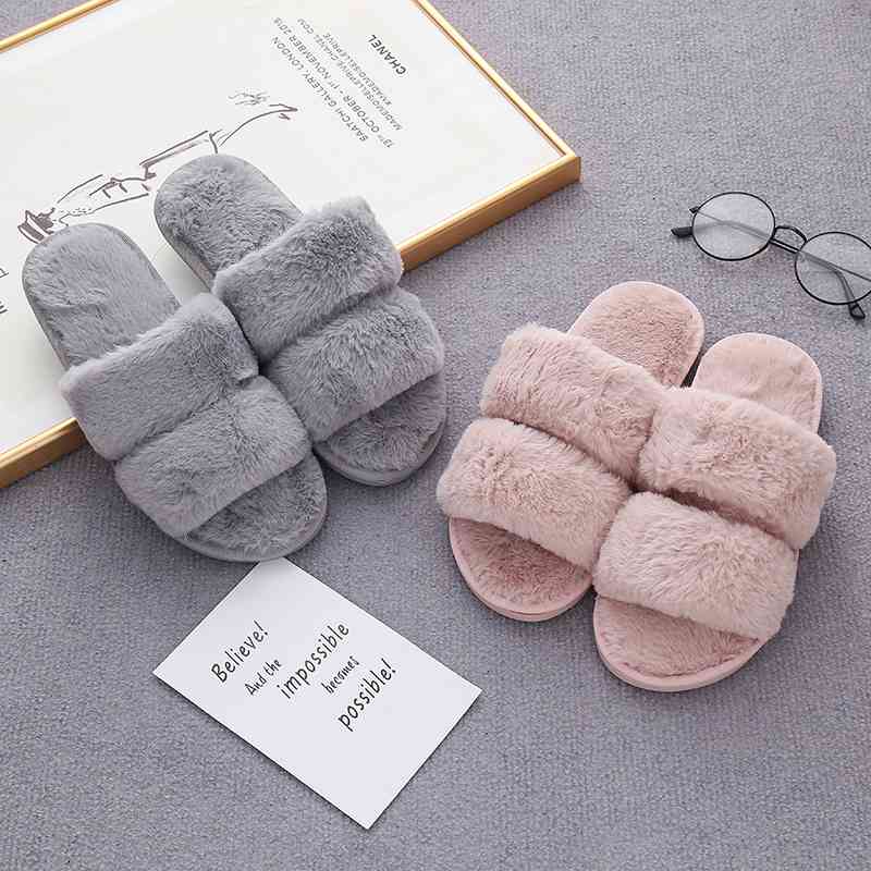 Faux Fur Double Strap Slippers - T - 5 COLORS -