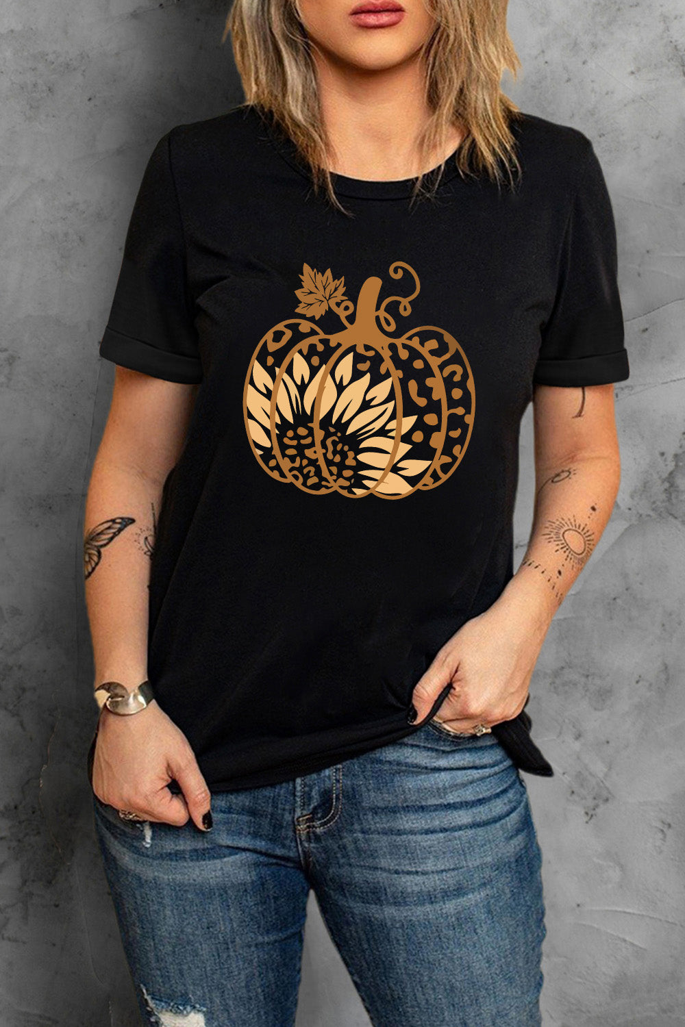 Round Neck Short Sleeve Pumpkin Graphic T-Shirt - T - 1 COLOR -