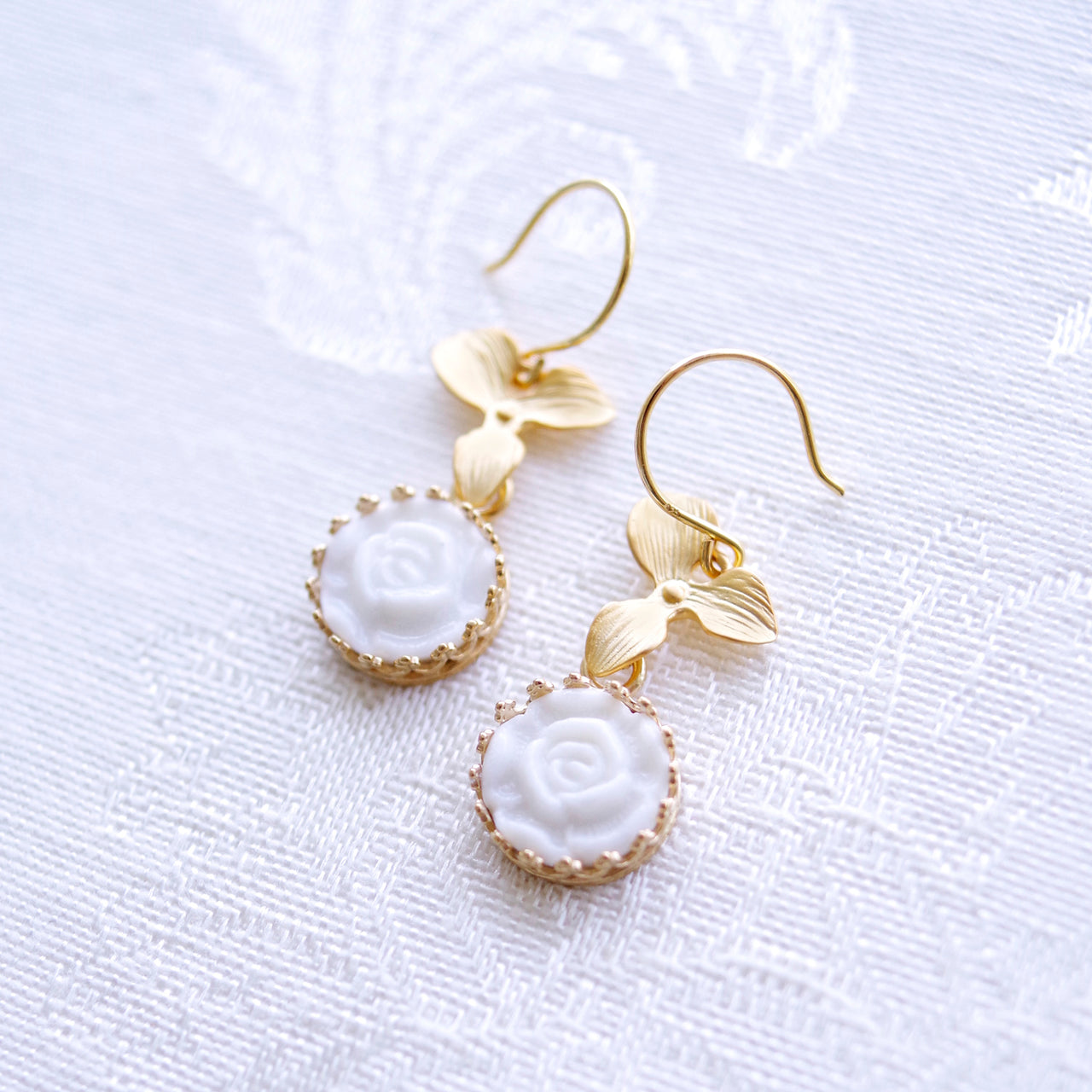 Mini Porcelain Moonlight Rose Drop Earrings -