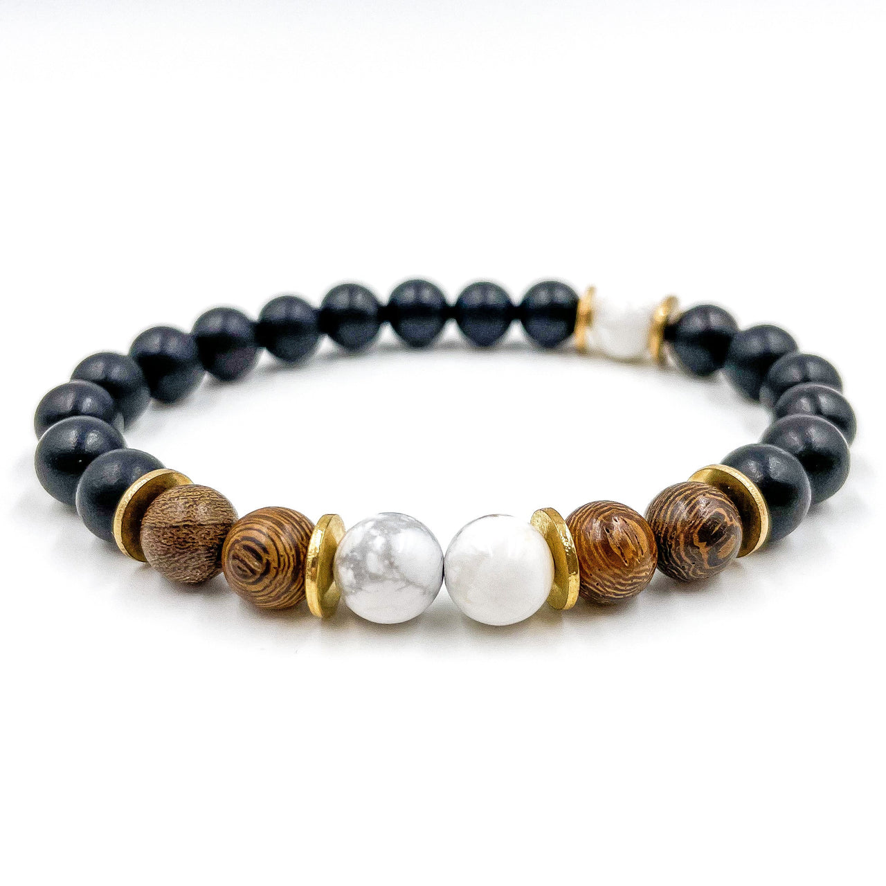 Central Premium - White Howlite, Zebrawood & Ebony Blackwood Mala Beaded Bracelet -