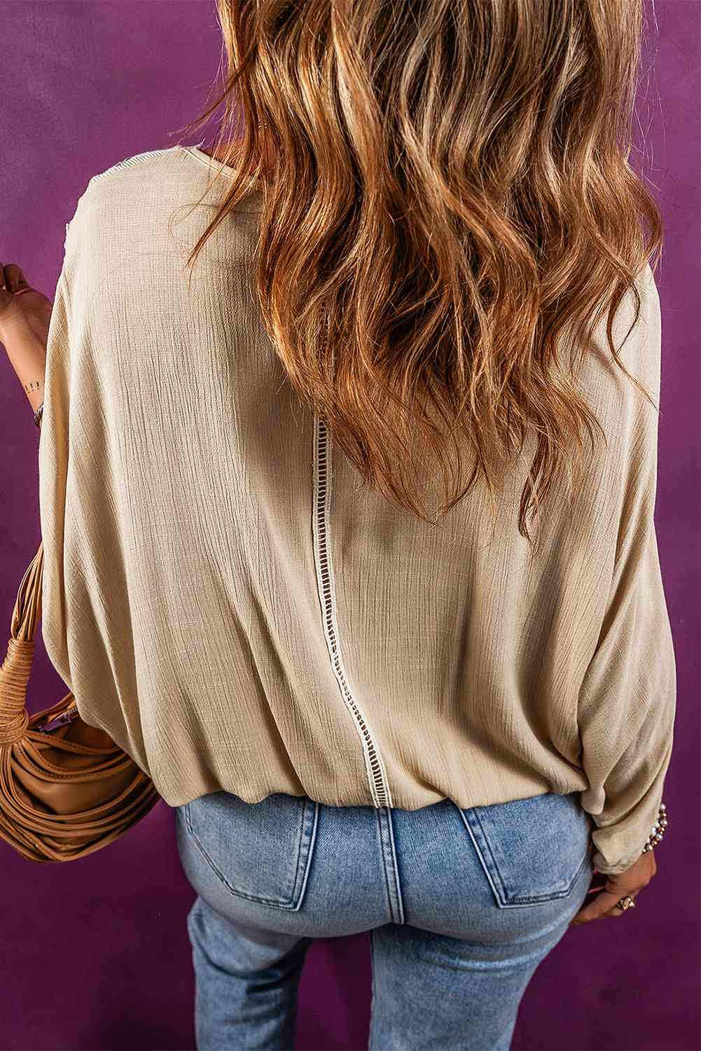 V-Neck Lace Detail Slit Blouse - T - 1 COLOR -