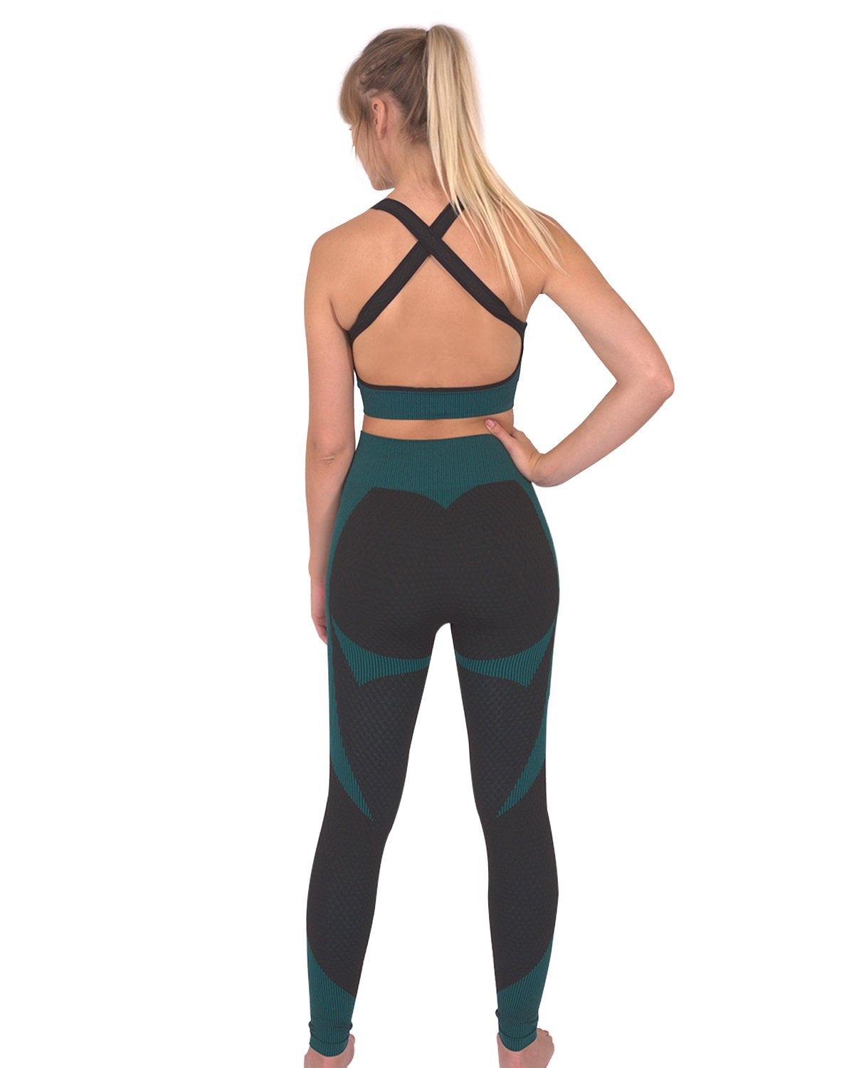 Savoy - Trois Seamless Leggings & Sports Top 2 Set - Black With Teal Blue - 2 PCS - 1 COLOR -