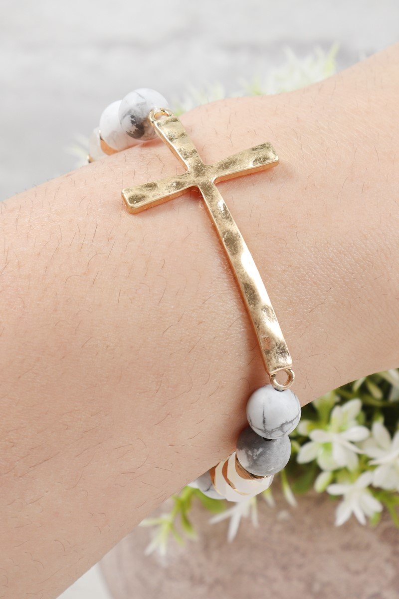 Riah Fashion - Mix Beads Hammered Cross Bracelet - 9 COLORS -