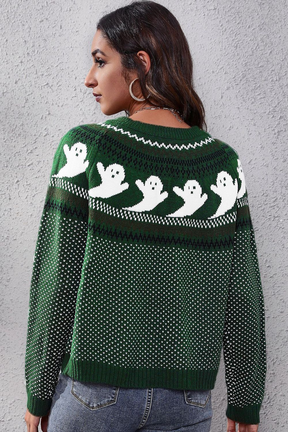 Ghost Pattern Round Neck Long Sleeve Sweater - T - 7 COLORS -