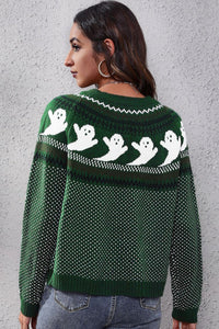 Thumbnail for Ghost Pattern Round Neck Long Sleeve Sweater - T - 7 COLORS -