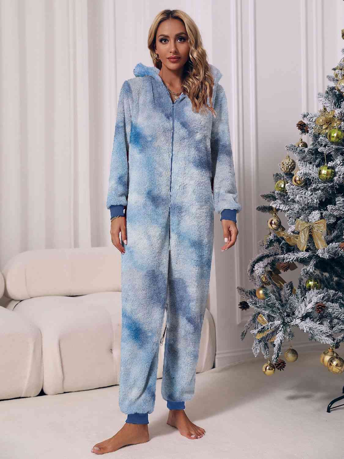 Zip Front Long Sleeve Hooded Teddy Lounge Jumpsuit - T - 1 COLOR/3 TIE DYES -