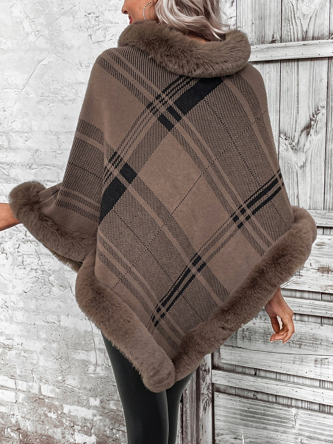 Plaid Faux Fur Trim Poncho - T - 1 COLOR -