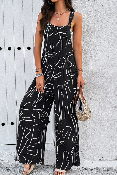 Printed Wide Strap Jumpsuit with Pockets - T - 4 COLORS -