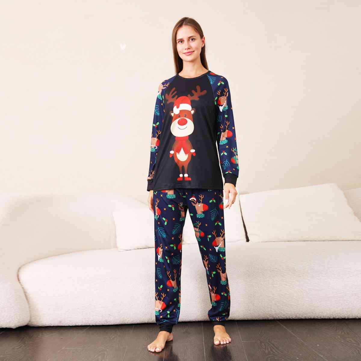 WOMEN Reindeer Graphic Top and Printed Pants Set - T -