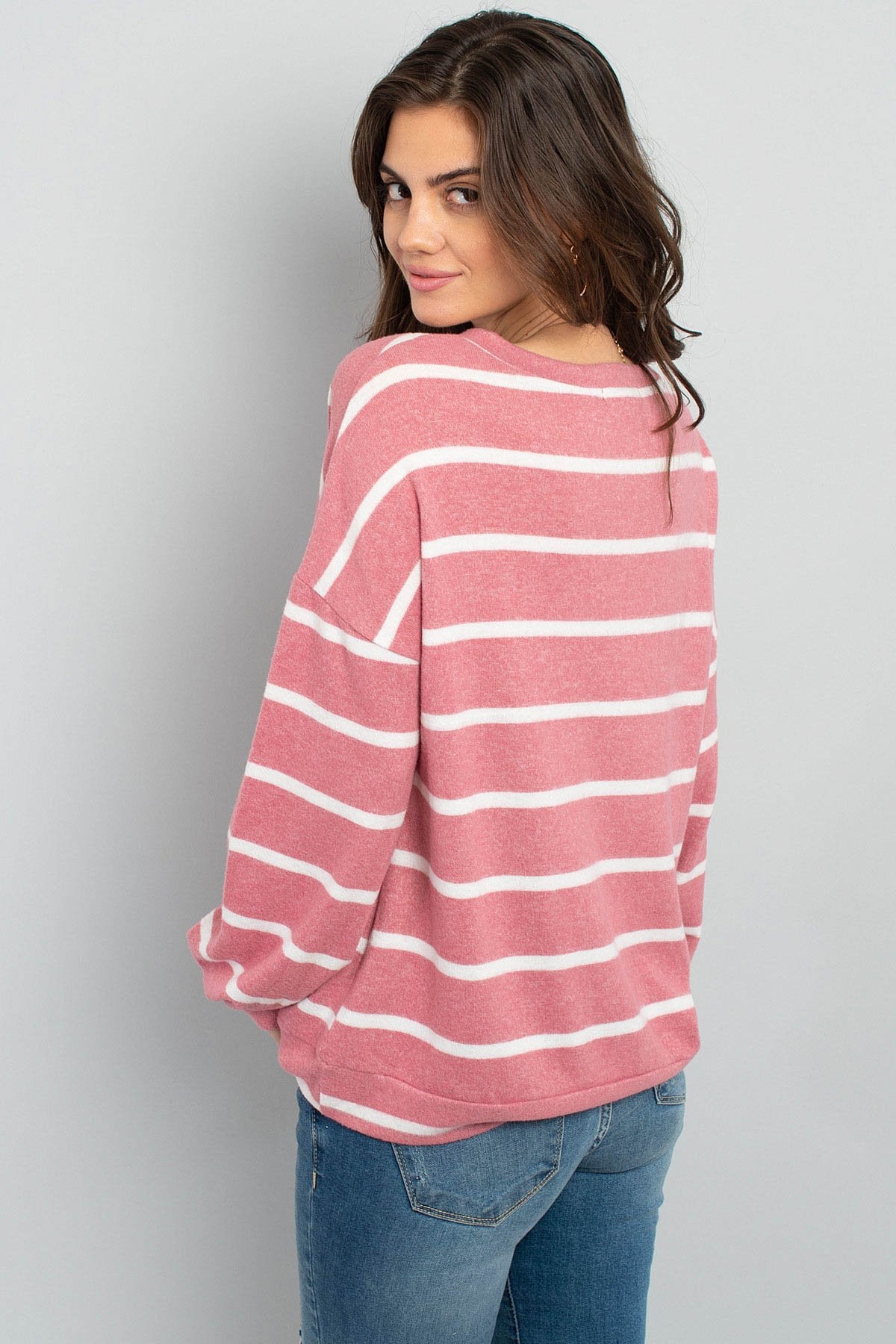 Riah Fashion - Oversized Puff Sleeved V-Neck Striped Top - 4 COLORS -