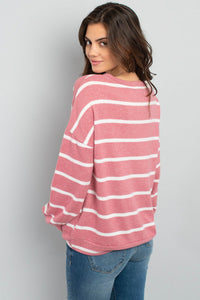 Thumbnail for Riah Fashion - Oversized Puff Sleeved V-Neck Striped Top - 4 COLORS -