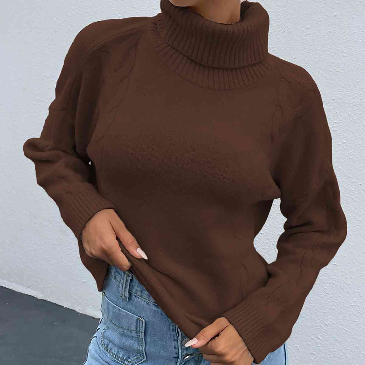 Turtleneck Dropped Shoulder Long Sleeve Sweater - T - 4 COLORS -