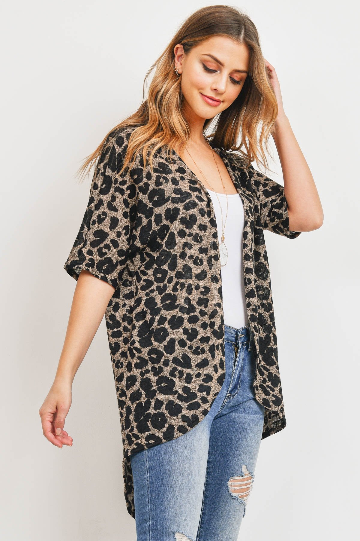 Riah Fashion - Leopard Short Sleeves Open Front Hi-Low Cardigan - 3 COLORS -