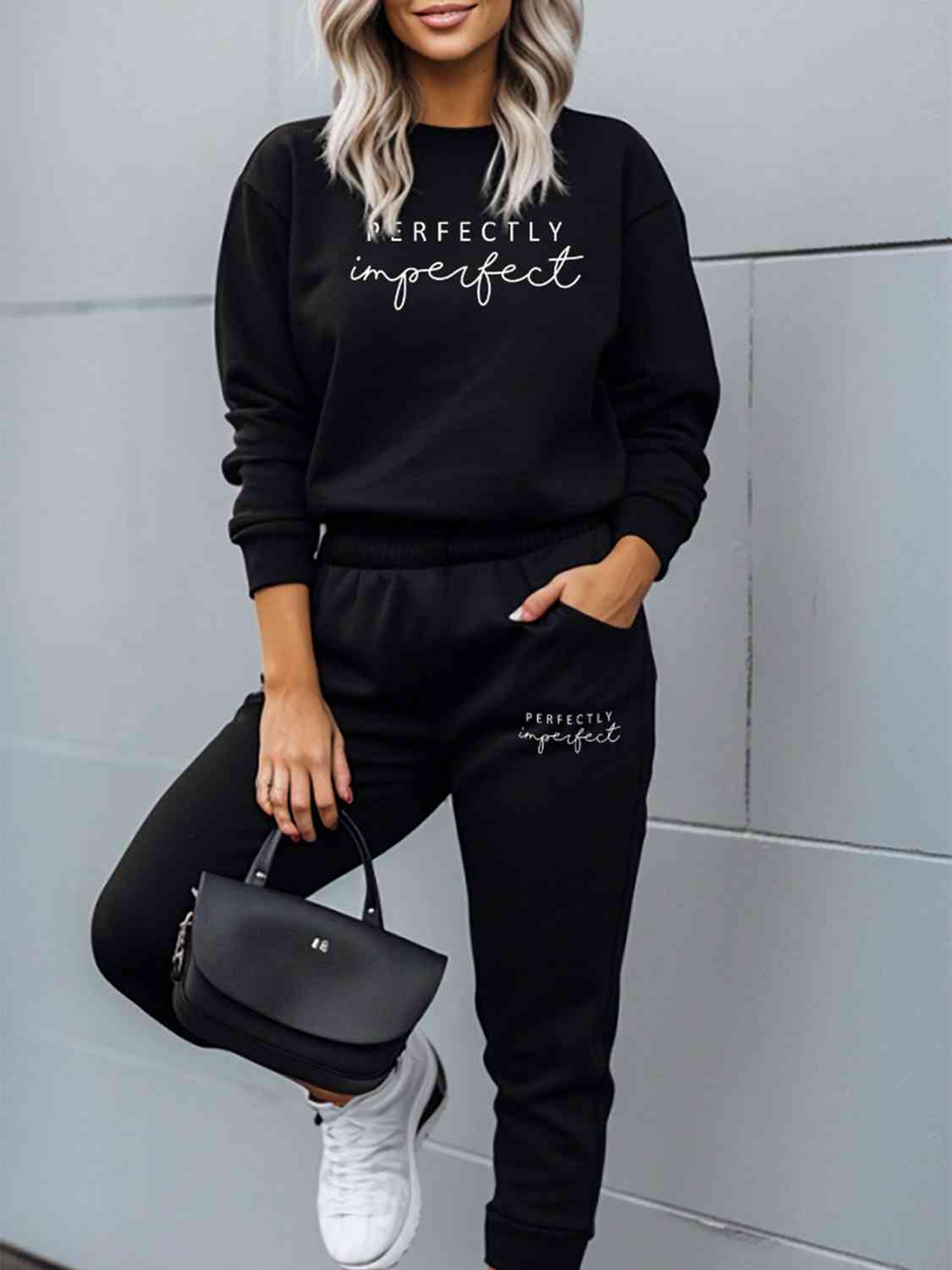 PERFECTLY IMPERFECT Graphic Sweatshirt and Sweatpants Set - 2 PCS. - T - 1 COLOR -