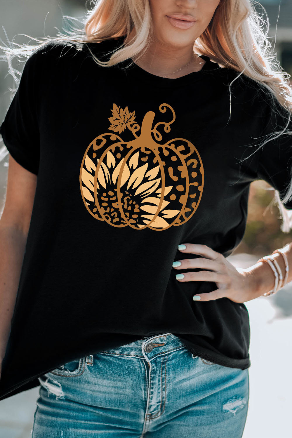 Round Neck Short Sleeve Pumpkin Graphic T-Shirt - T - 1 COLOR -