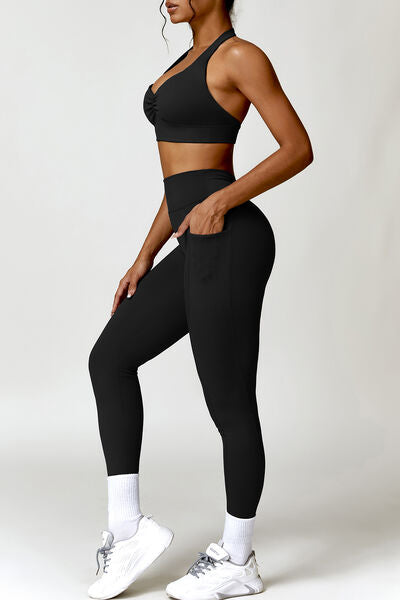 Ruched Halter Neck Bra and Pocketed Leggings Active Set - 2 PCS. - T - 4 COLORS -