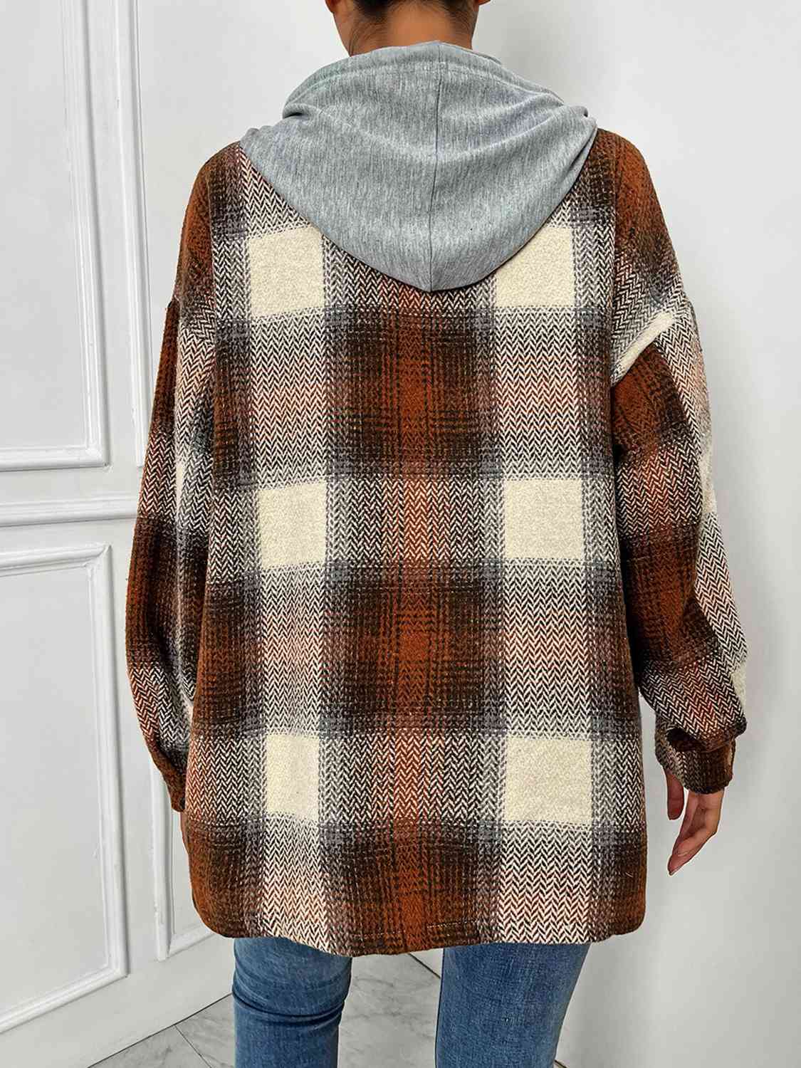 Plaid Drawstring Hooded Jacket - T - 1 COLOR -