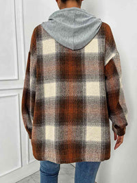 Thumbnail for Plaid Drawstring Hooded Jacket - T - 1 COLOR -