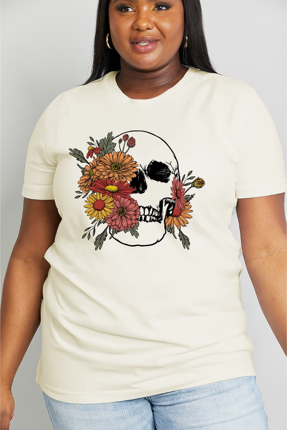 Simply Love Full Size Flower Skull Graphic Cotton Tee - T - 2 COLORS -