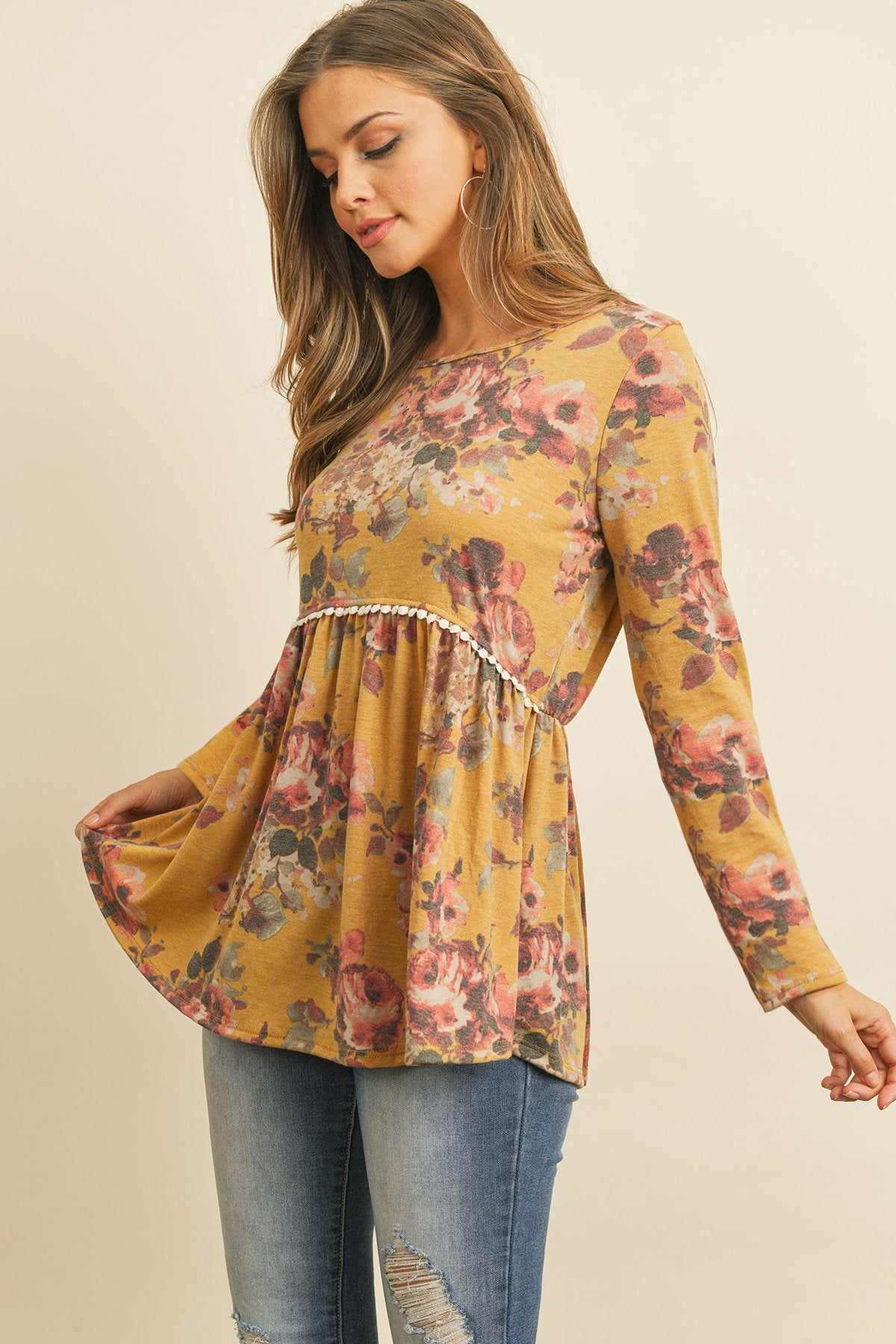 Riah Fashion - Floral Long Sleeved Cinch Waist Lace Detail - 2 COLORS -