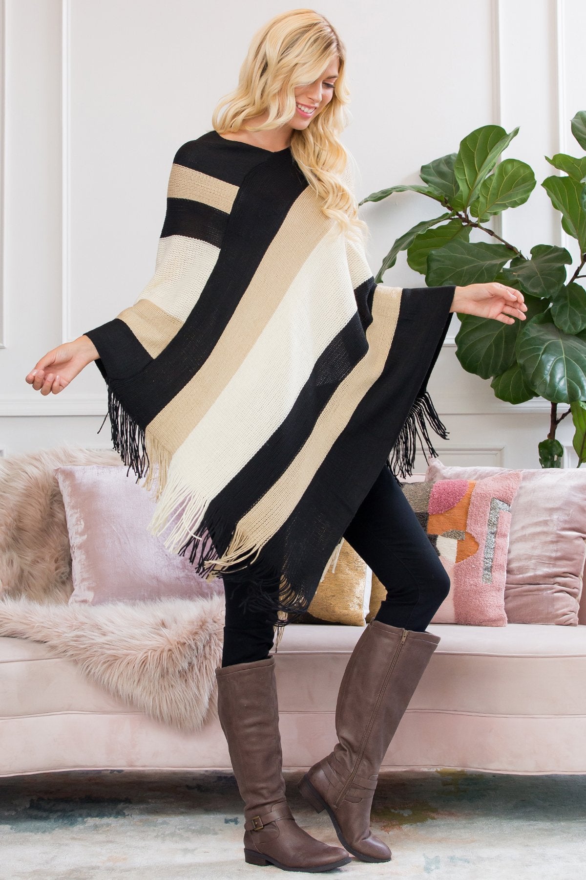 Riah Fashion - Beige Color Block Fringe Poncho - 1 COLOR -