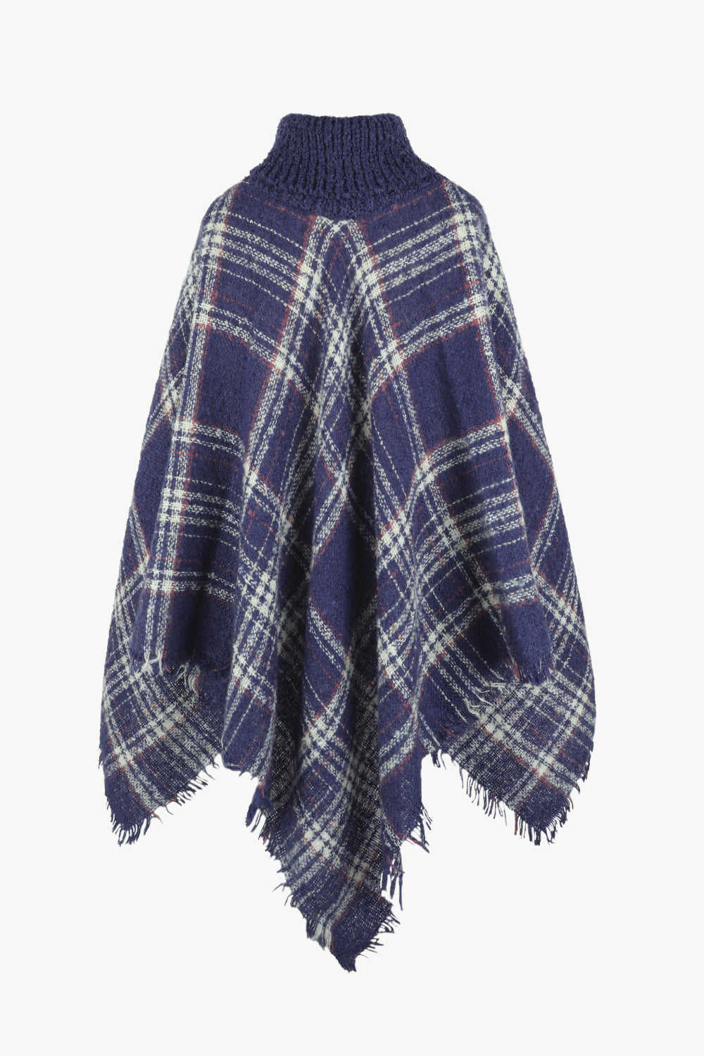 Plaid Turtleneck Fringe Hem Poncho - T - 6 COLORS -