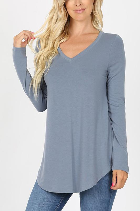 Riah Fashion - Premium Long Sleeve V-Neck Round Hem Top - 11 COLORS -