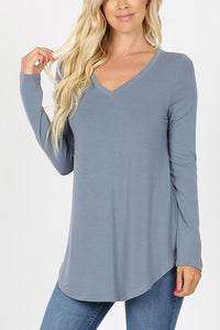 Thumbnail for Riah Fashion - Premium Long Sleeve V-Neck Round Hem Top - 11 COLORS -