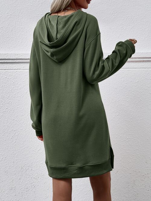 Slit Long Sleeve Hooded Dress with Pocket - T - 9 COLORS -