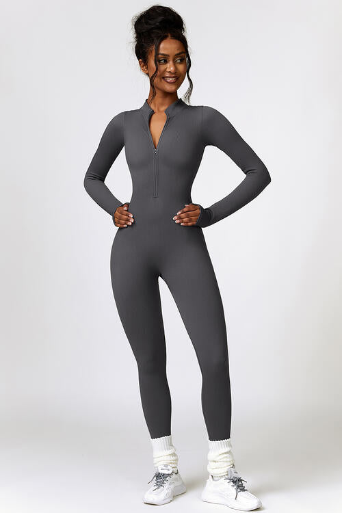 Half Zip Long Sleeve Active Jumpsuit - T - 5 COLORS -