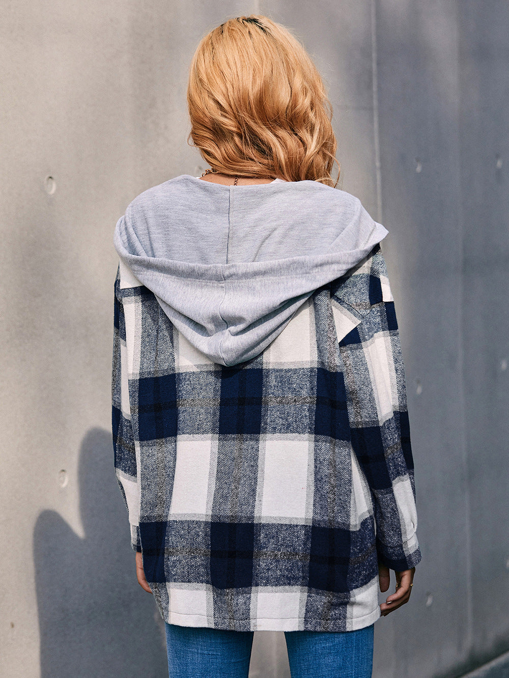 Plaid Dropped Shoulder Hooded Jacket - T - 4 COLORS -