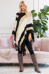 Thumbnail for Riah Fashion - Beige Color Block Fringe Poncho - 1 COLOR -