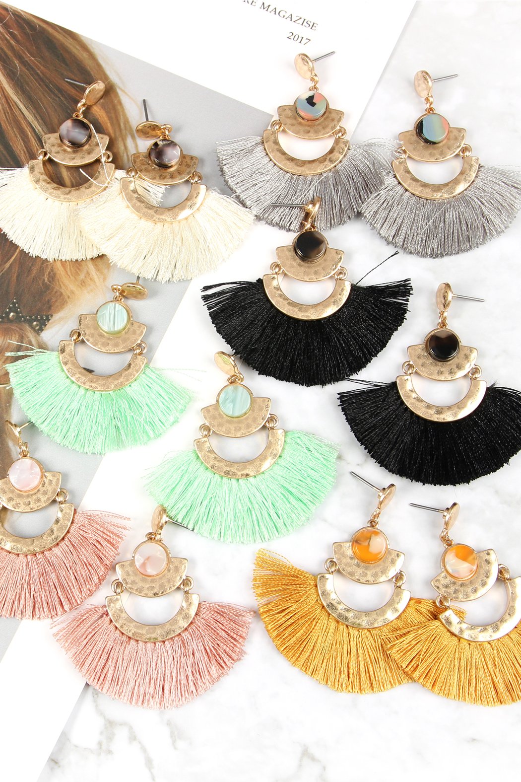 Dangling Tassel Fan Drop Earrings - 6 COLORS -