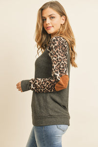 Thumbnail for Riah Fashion - Leopard Sleeve Elbow Patch Sweater - 1 COLOR -