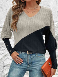 Thumbnail for Contrast Buttoned V-Neck Blouse - T - 4 COLORS -