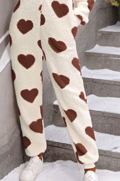 Fuzzy Heart Zip Up Hooded Lounge Jumpsuit - T - 3 COLORS -