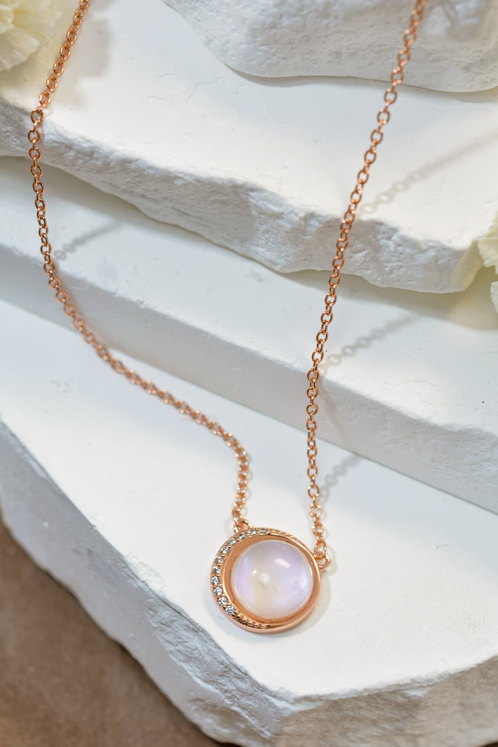 Natural Moonstone 18K Rose Gold-Plated 925 Sterling Silver Necklace - T -