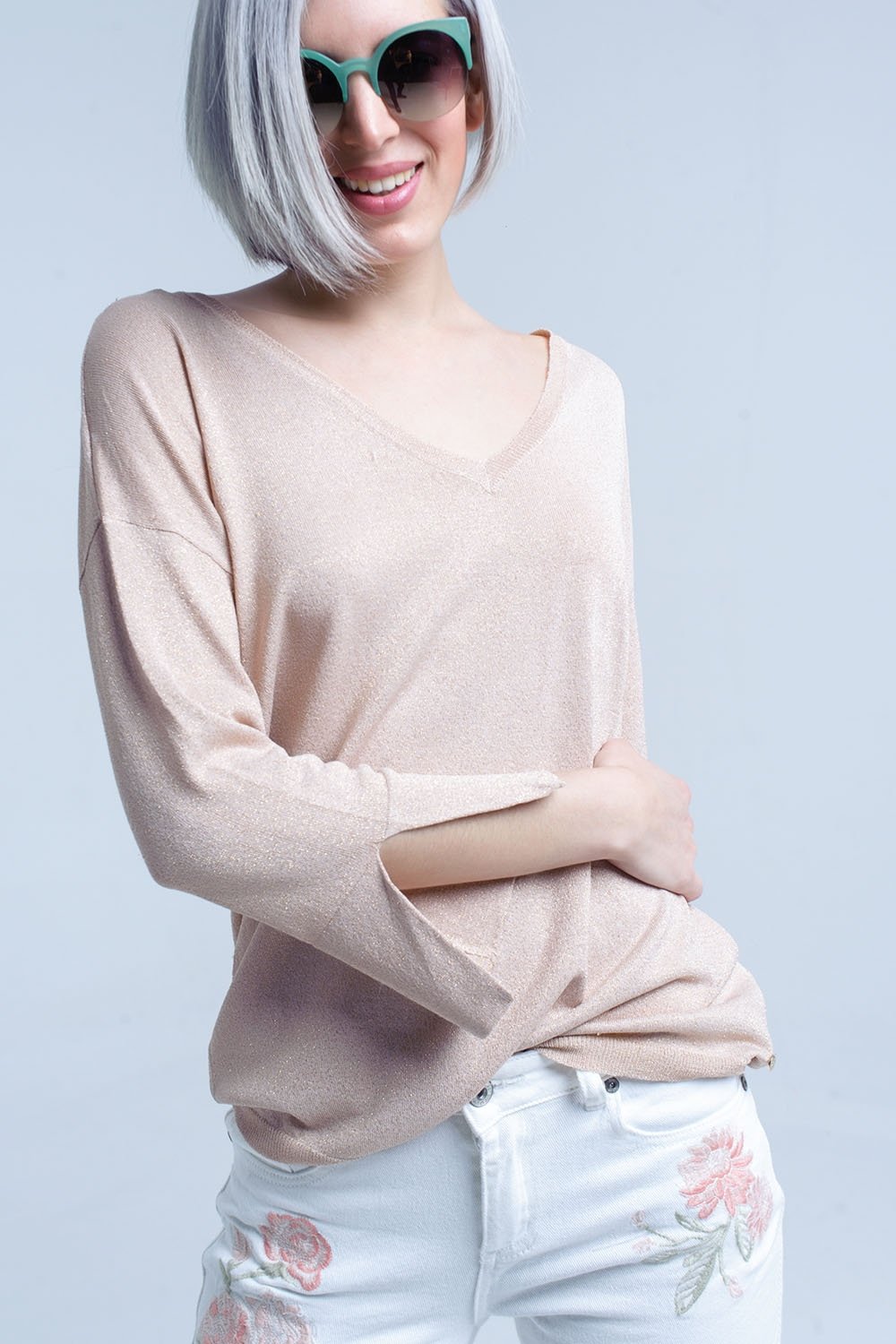 Q2 - Pink Knit Sweater With Gold Lurex Detail - 1 COLOR -