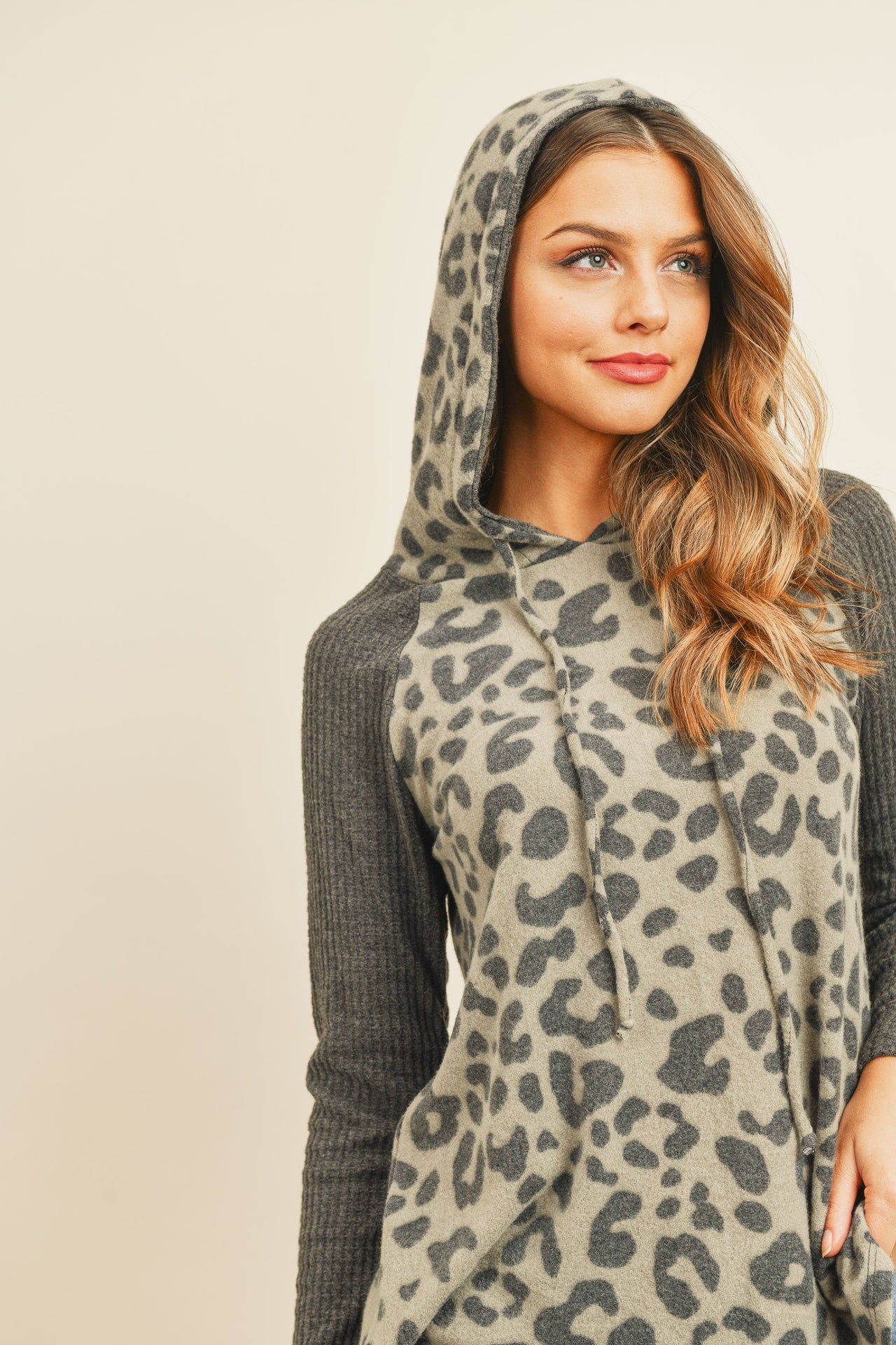 Riah Fashion - Waffle Sleeve Leopard Drawstring Hoodie - 3 COLORS -