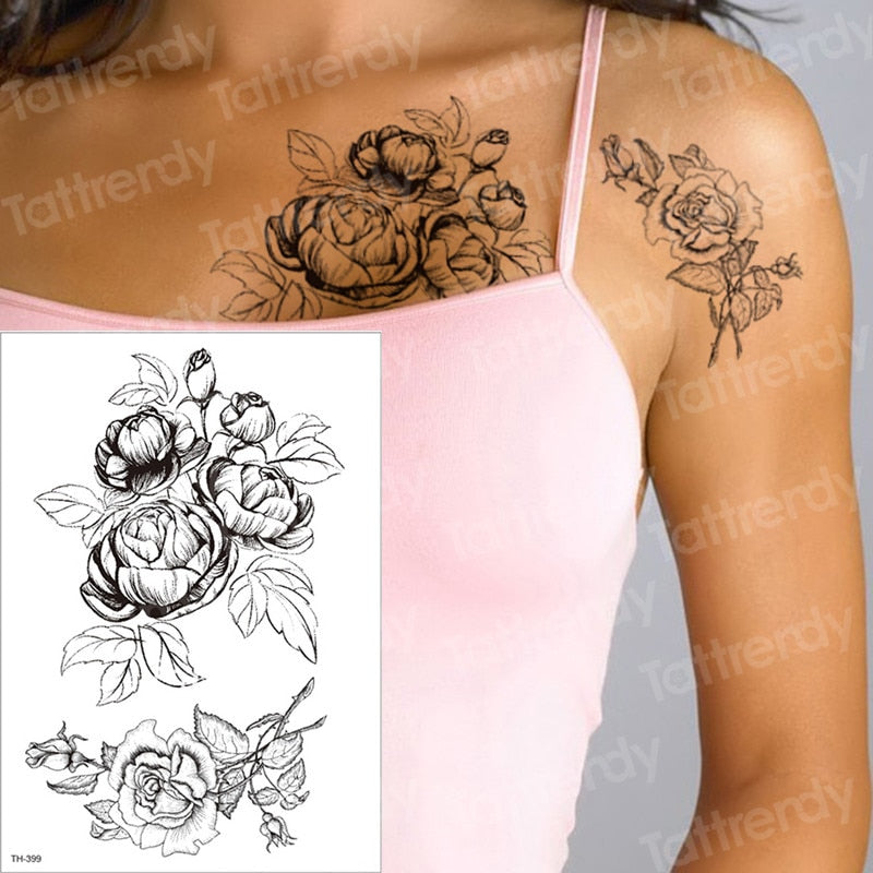 Temporary Tattoos - Black Flower Tattoo Sleeves -Water Transfer Tatoo - Peony Rose Tattoos - Body Art - Girls Arm Tattoos - [8 DAY DELIVERY] - 25 DESIGNS -