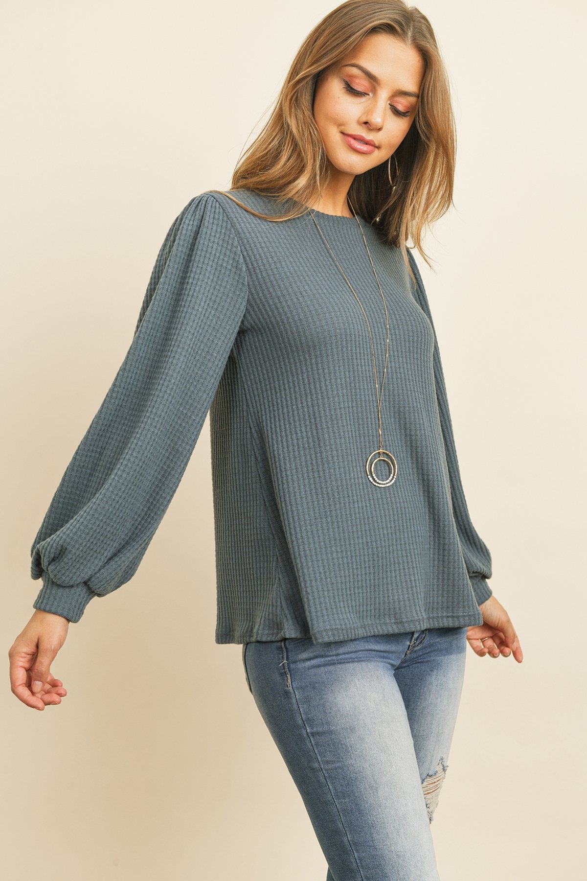 Riah Fashion - Puff Sleeved Waffle Top - 9 COLORS -