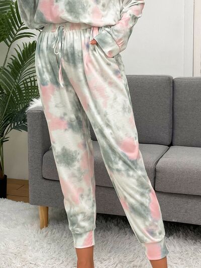 Tie-Dye Round Neck Top and Drawstring Pants Lounge Set - 2 PCS - T - 1 COLOR -