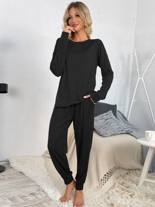 Round Neck Top and Drawstring Pants Lounge Set - 2 PCS. - T - 4 COLORS -