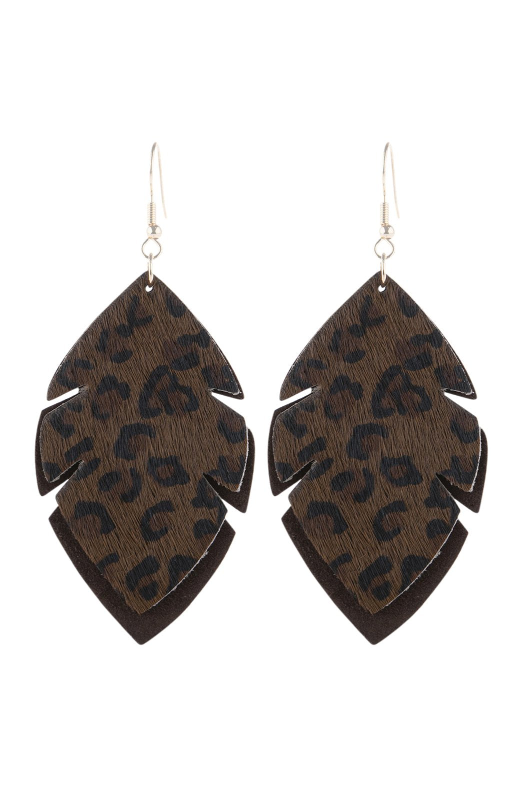 Riah Fashion - Leaf Shape Leopard Leather Drop Earrings -